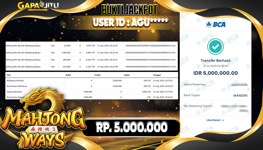 GAPAIJITU JACKPOT SLOT MAHJONG WAYS Rp.5.000.000.,- LUNAS